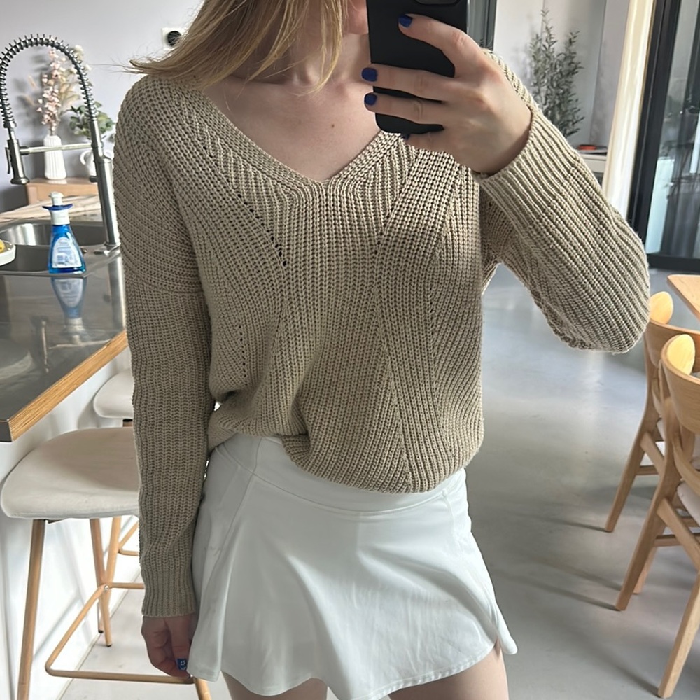 Cream V-Neck Sweater with Ribbed Knit Texture